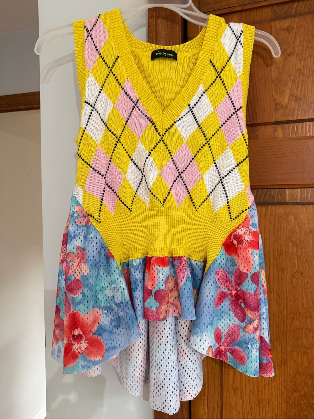 Wendy Trendy Italy Yellow Argyle Knit Tunic Vest Dress with Floral Skirt S Small